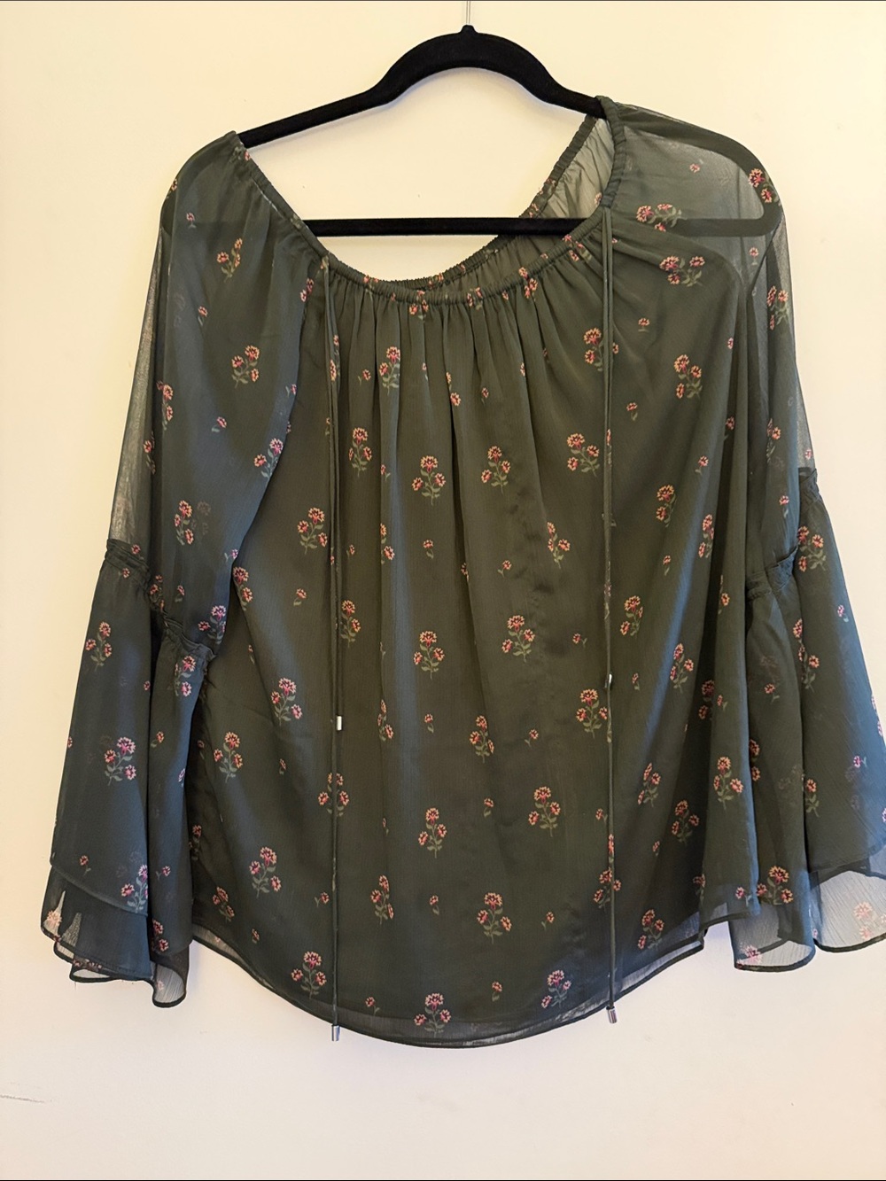 White House Black Market Olive Green Floral Peasant Blouse
